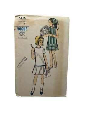 Vintage Vogue 6416 Childs Box-Pleated Dress Scarf Sewing Pattern Size 12 Retro
